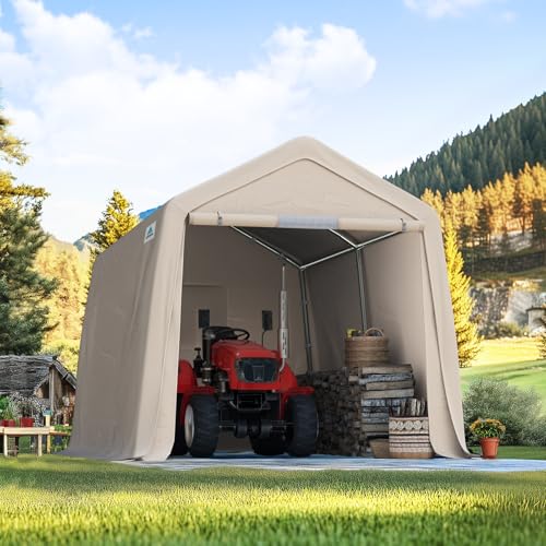 8x14 ft Steel Metal Peak Roof Portable Garage Shelter Storage Shed Carport for Motorcycle (Beige / 8'x14')