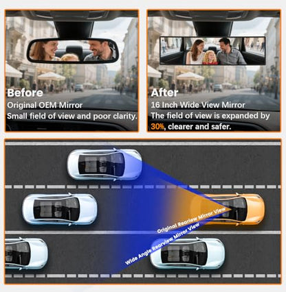 Panoramic Wide Angle Large Rear View Mirror Car Extended 16 Inch (16 Inch & Chrome)