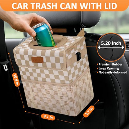 Car Trash Can with Lid Leak Proof Car Accessories for Women (2.2 Gallons / Khaki Checkered)