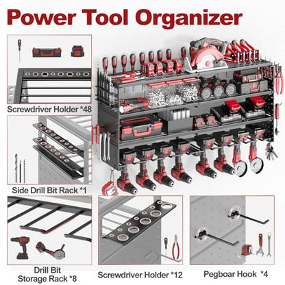 33" Metal Power Tool Organizer Wall Mount (Black / 8 Drills Holder)