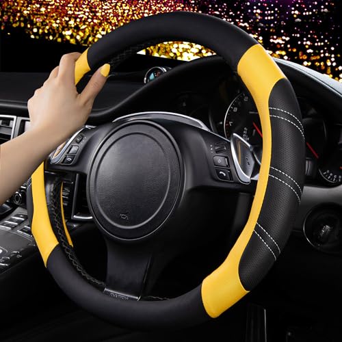 Line Rider Microfiber Leather Sporty Steering Wheel Cover Universal Fits for 95% Truck (Black＆Yellow / Standard[14.5"-15"])