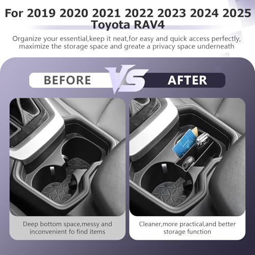 for 2025 Toyota RAV 4 Accessories Compatible with 2019 2020 2021 2022 2023 2024 2025 Toyota RAV 4 Front Center Console Cup Holder Organizer Secondary Storage Box Insert Tray ABS Material
