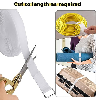 1"x16ft Hook and Loop Straps with 25 Metal Buckles (1in x 16ft White)