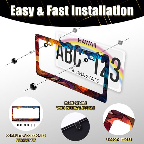 Stainless Steel Colorful Abstract Leaf License Plate Frame 12.3 x 6.3 Inch (Colorful Abstract Leaf Patterns)