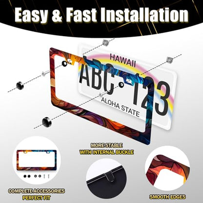 Stainless Steel Colorful Abstract Leaf License Plate Frame 12.3 x 6.3 Inch (Colorful Abstract Leaf Patterns)