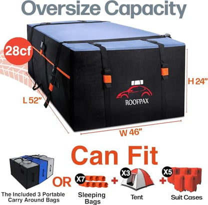 XXL 28 cuft Car Rooftop Cargo Carrier Bag Extra Waterproof Car Roof Storage with 10 Heavy Duty Tie Down Straps and 4 Hooks Roof Bag Cargo Carrier for Top of Vehicle with (28 cubic feet)