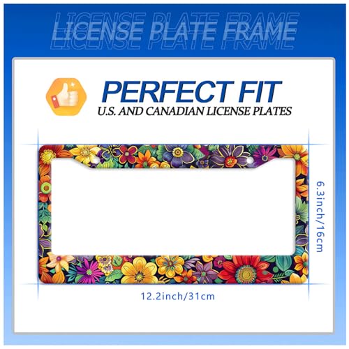 Bright Flowers License Plate Frame Stainless Steel Accessory12.3 x 6.3" (Bright Flowers Colorful Floral)
