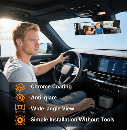 Panoramic Wide Angle Large Rear View Mirror Car Extended 16 Inch (16 Inch & Chrome)