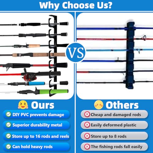 Wall Mounted Fishing Rod Rack Holder Ceiling Storage Hook Hanger Display Metal Horizontal Rack Oranizer Poles Steel Racks Holds up to 16 Rods with Soft Protective Pad for Garage Cabin and Basement (Store 16 Rod)