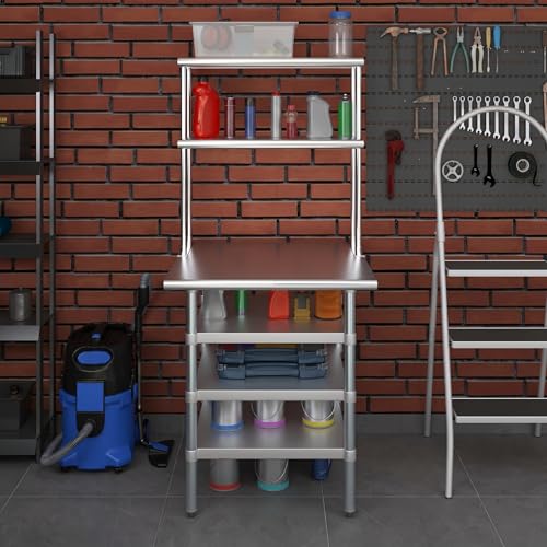 30" x 30" Stainless Steel Work Table with 3 Shelves and 12" Wide Double Tier Overshelf (30" x 30" Table with 3 Shelves + 12" Overshelf)