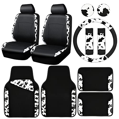 CAR PASS Cow Print Car Accessories Sets Faux Leather Car Seat Covers & Cow Car Mats & Cow Steering Wheel Cover Seat Belt Pads Universal fit for SUV (Cow Print Combo)
