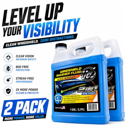 2-in-1 Windshield Washer Fluid 2-Pack (1 Gallon Each, 256 fl oz Total) – Ready to Use, Streak-Free Formula, All-Weather Cleaning, Removes Bugs, Dirt & Road Grime – Premium Windshield Cleaner (Blue / 128 Fl Oz (Pack of 2))
