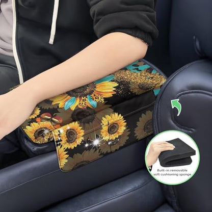 Sunflower Leopard Print Blue Car Center Console Cover Comfortable Armrest Seat Box Pad with Organizer Pockets Anti (Sunflower Leopard Print Blue)