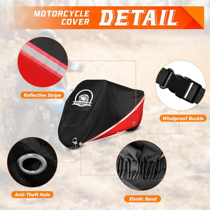 Motorcycle Cover Waterproof Outdoor Storage All Weather Protection (XXL-104 inch / Red)