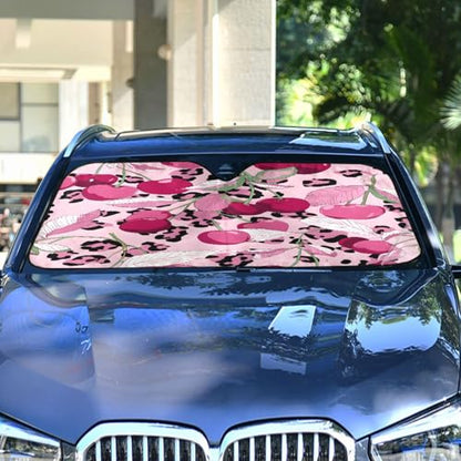 Car Windshield Sun Shade Cheetah Leopard Print Pink Cherry Foldable Car Front Windshield Sunshade Blocks UV Rays Sun Visor Heat Protection for Truck SUV to Keep Your Vehicle Cool (Small / Pink Cherry Leopard)