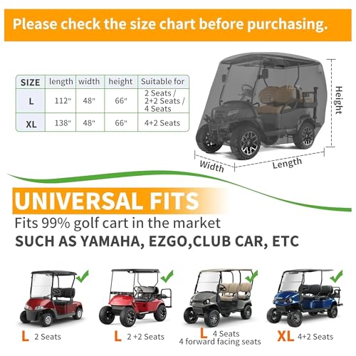 Heavy Duty Golf Cart Cover for 6 Passengers EZGO (Black / XL-For 4+2 Passengers Cart)