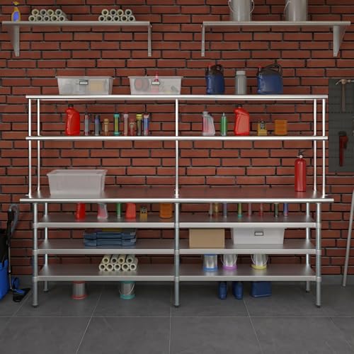 18" x 96" Stainless Steel Work Table with 3 Shelves and 12" Wide Double Tier Overshelf (18" x 96" Table with 3 Shelves + 12" Overshelf)