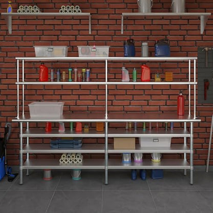 18" x 96" Stainless Steel Work Table with 3 Shelves and 12" Wide Double Tier Overshelf (18" x 96" Table with 3 Shelves + 12" Overshelf)