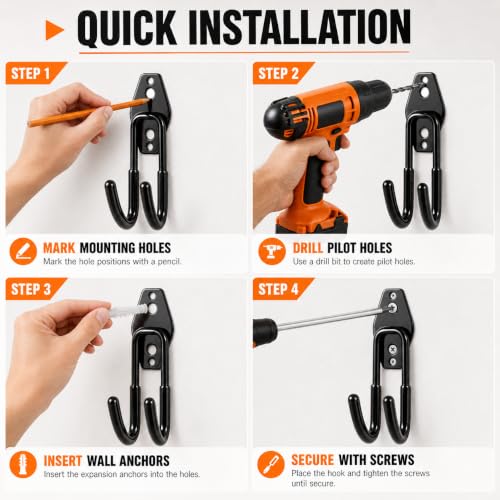 Garage Tool Hooks Wall Mount (Black 6 Pcs)
