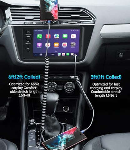 USB C Cable 3ft 2Pack Coiled USB A to USB C Charge Cord for Car (3FT / USB A to USB C / Blue)