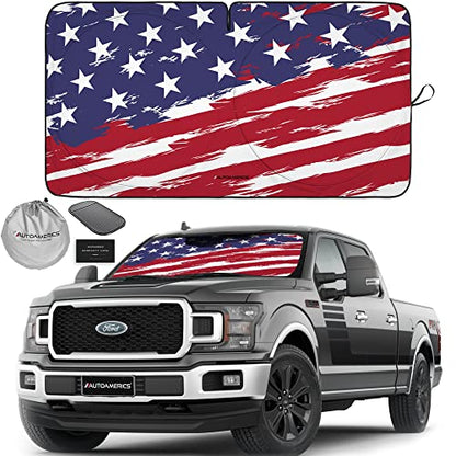 Truck Windshield Sun Shade with Storage Pouch & Anti (USA ART FLAG-2 / X-LARGE = 66 x 36 inches)