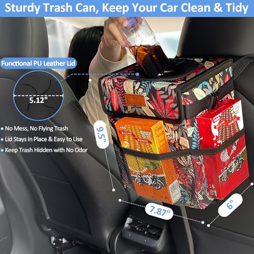 Leak Proof Car Trash Can with Lid Red Leaves (Red Leaves / 2 Gallons)