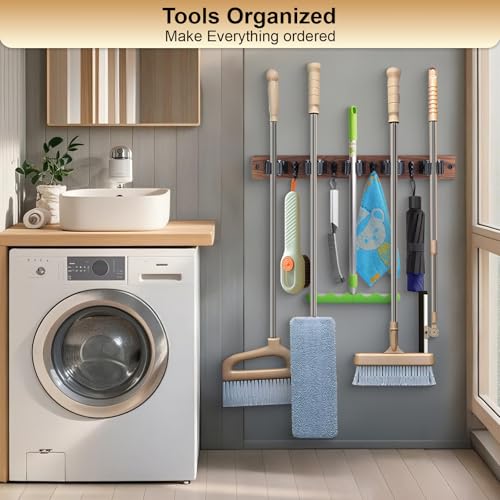 Broom Holder Wall Mount With 5 Slots & 4 Hooks (Brown)