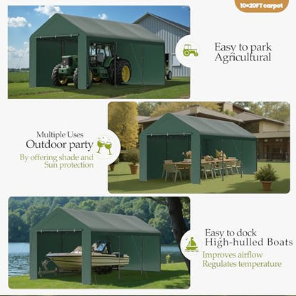 10x20 Carport Heavy Duty Portable Garage Shelter w (Green / 10x20 with sidewalls)