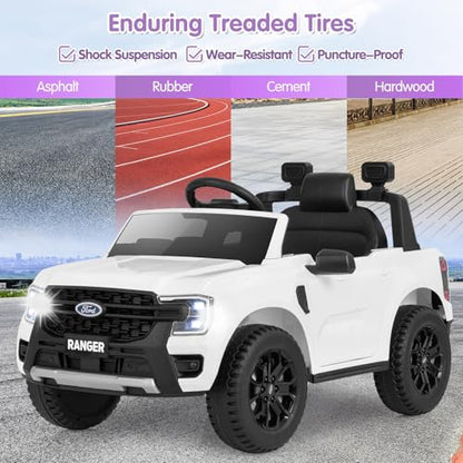 Ride On Car 12V Licensed Ford Ranger Electric Vehicle for Kids (White / 41.5” x 25” x 24”)