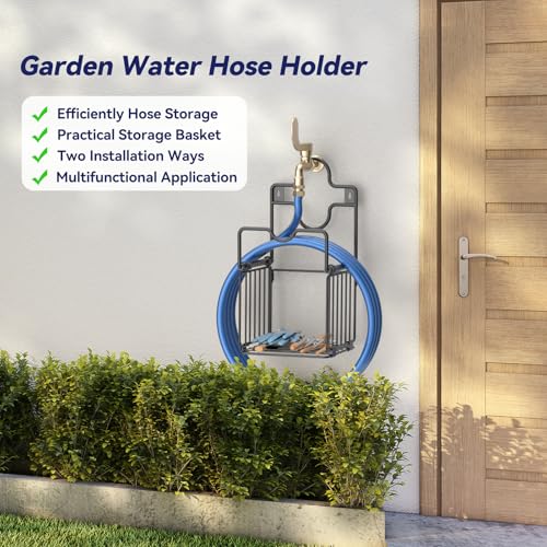 Garden Hose Holders for Outside Metal Water Hose Holder Wall Mount Hose Hanger with Storage Basket Heavy Duty Waterhose Holder for Outside Hose Rack Outdoor Hose Caddy Hook for Garden Organizer Black (Black)