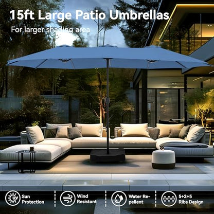 15ft Large Outdoor Patio Umbrella with Base Included (Haze Blue)