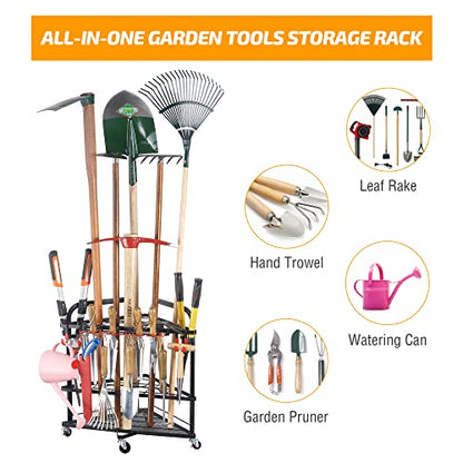 Garden Tool Organizer with Wheels and Storage Hooks (Corner Rack)