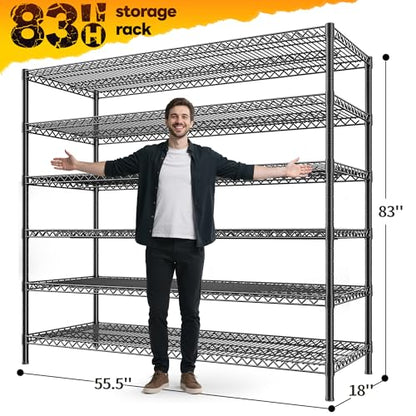 83"H Storage Shelves 3840LBS Metal Shelving Unit Garage Shelving Heavy Duty 6 Tier Commercial Adjustable Wire Shelving for Storage Rack for Pantry (83"H x 55.5"W x 18"D)