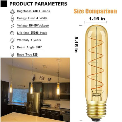 Vintage T10 LED Edison Light Bulb Super Thin Filament (5.1in(130mm)-6Pcs)