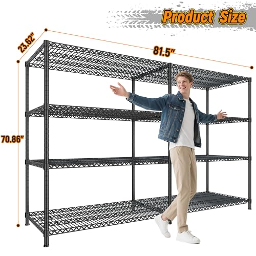 81.5''W Storage Shelves 3680LBS Garage Shelving Heavy Duty 4 Tier Metal Shelving Unit Adjustable Wire Shelf and Storage Pantry Shelves for Kitchen Garage