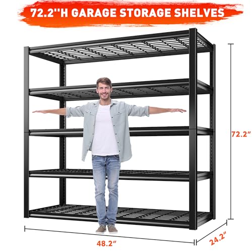 48.2''W Garage Shelving Heavy Duty Metal Shelving 3000LBS Storage Shelves Adjustable Metal Shelves Industrial 5 Tier Garage Shelf for Basement Pantry Warehouse Supermarket (24.2"D x 48.2"W x 72.2"H)