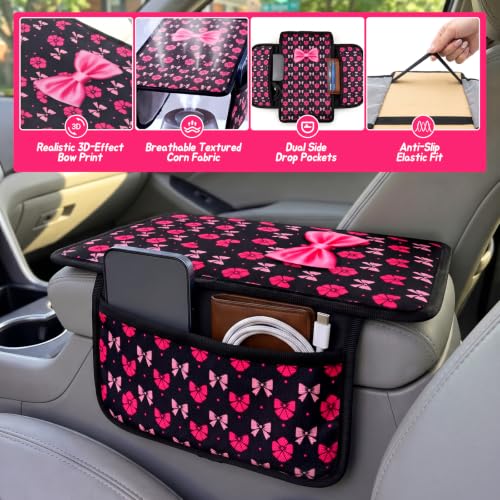 Pink Bow Car Center Console Armrest Cover with 2 Side Pockets (Bows-Black&Pink)