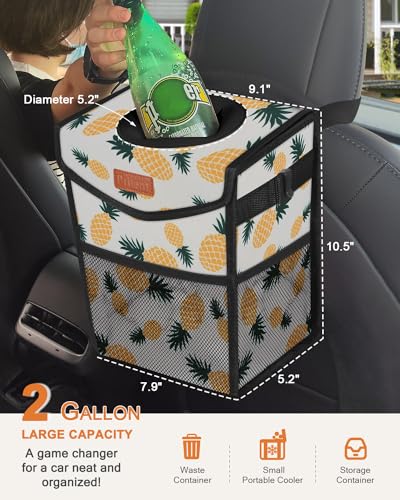 Car Trash Can with Lid Leakproof Car Garbage Bag Vehicle Trash Bin (2 Gallons / Pineapple Print)