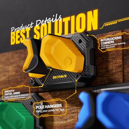 Ski & Snowboard Wall Rack for Garage Wall Fits Any Ski (Lemon Yellow / 4 Pack)