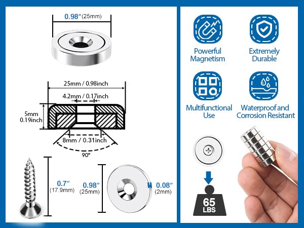 Round Strong Magnets with Screws (65 lbs)