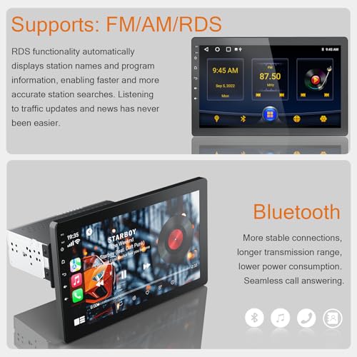 10 inch Single Din Radio Android 13 Car Stereo with Wireless Apple Carplay & Android Auto