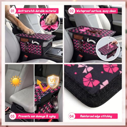 Pink Bow Car Center Console Armrest Cover with 2 Side Pockets (Bows-Black&Pink)