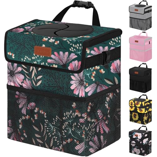 Car Trash Can with Lid Leak Proof Car Accessories for Women (3 Gallons / Navy Floral)