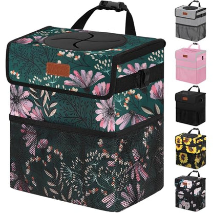 Car Trash Can with Lid Leak Proof Car Accessories for Women (3 Gallons / Navy Floral)