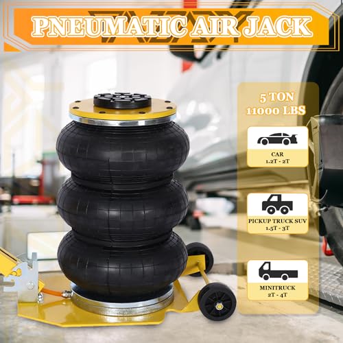 5T Triple Bag Air Jack 11000lbs Pneumatic Jack 3s Fast Lift Up 16in Airbag Jack with Adjustable Long Handle Heavy Duty Triple Air Bag Jack Lift for Cars Garage (5 Ton / yellow)