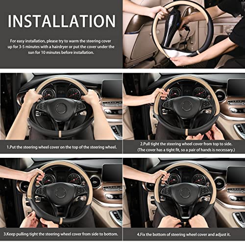 Breathable Car Steering Wheel Cover 15 inch Auto Universal Leather Wrap Non (A-Beige / M (14.5"-15"))