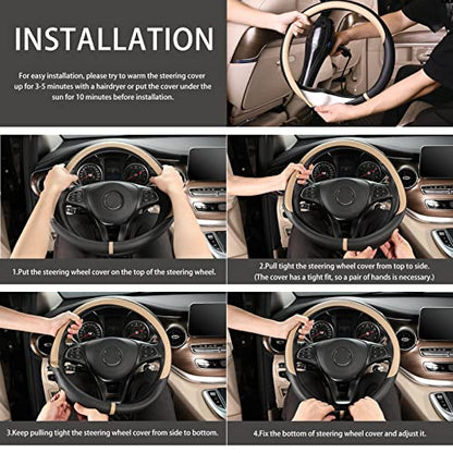 Breathable Car Steering Wheel Cover 15 inch Auto Universal Leather Wrap Non (A-Beige / M (14.5"-15"))