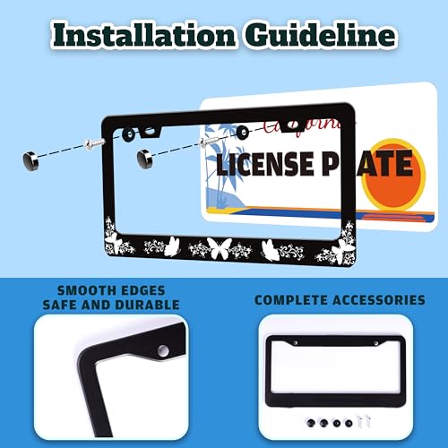 Black White Butterfly License Plate Frame Stainless Steel 6.3 X 12.2 Inch (Black White Butterfly)