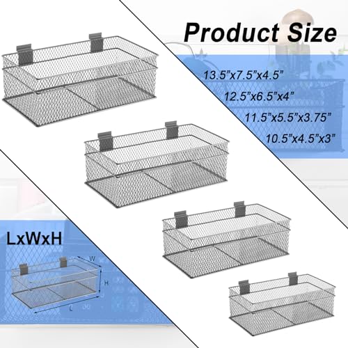 4 Pcs Slatwall Basket Set Ventilated Metal Slatwall Basket Hanging Wire Bins Wall Mounted Accessories for Panel Garage Storage Display Organizing (Assorted Sizes / Grey)