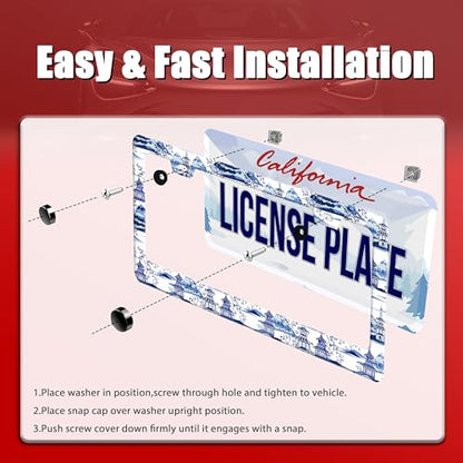 Blue White Porcelain Pattern License Plate Frame Chinoiserie License Plate Frames Funny for Car Decorative Parts Stainless Stee License Plate for Standard Us Canada 12x6 Inch (Blue White Porcelain Pattern)